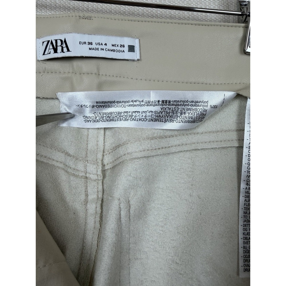 Zara Beige Faux Leather Women's Fit Pants 4 Straight Leg Stretchy 28X25 Gold Zip - Picture 12 of 12